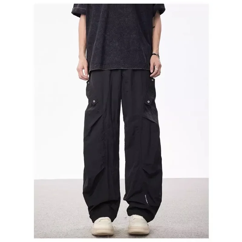 American Pleated Overalls Men's Summer Thin Design Pants Small Sag Wide Leg Ice Silk Quick Drying Paratrooper Pants