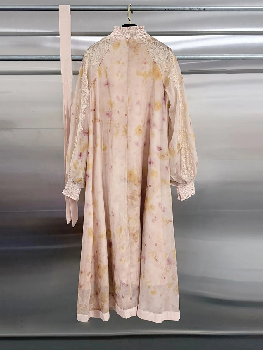 GALCAUR Solid Spliced Flower Loose Maxi Dress for Women High Neck Lantern Sleeve Patchwork Button Lace Dresses Female Fashion
