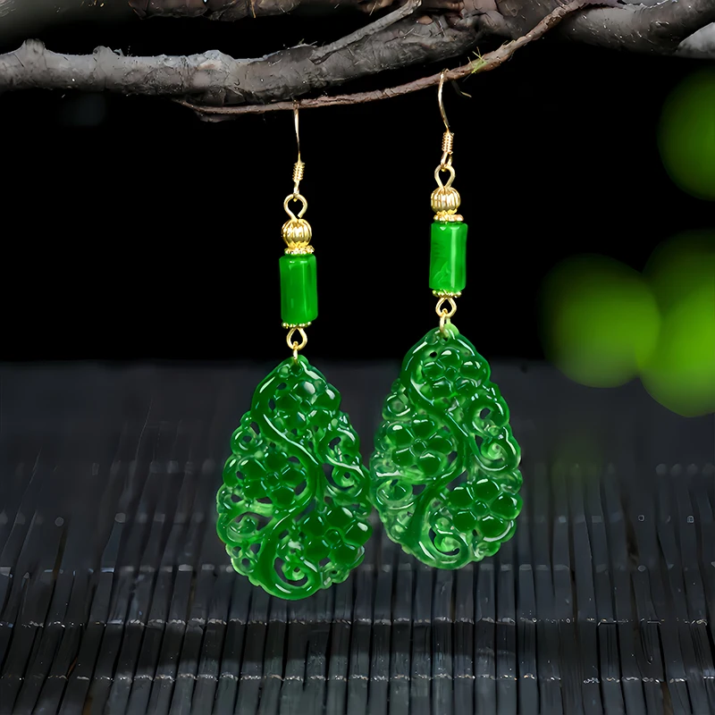 Green Real Jade Flower Earrings Natural Jewelry Designer Gifts Gemstone Accessories Fashion Charm 18K Gold Plated Vintage