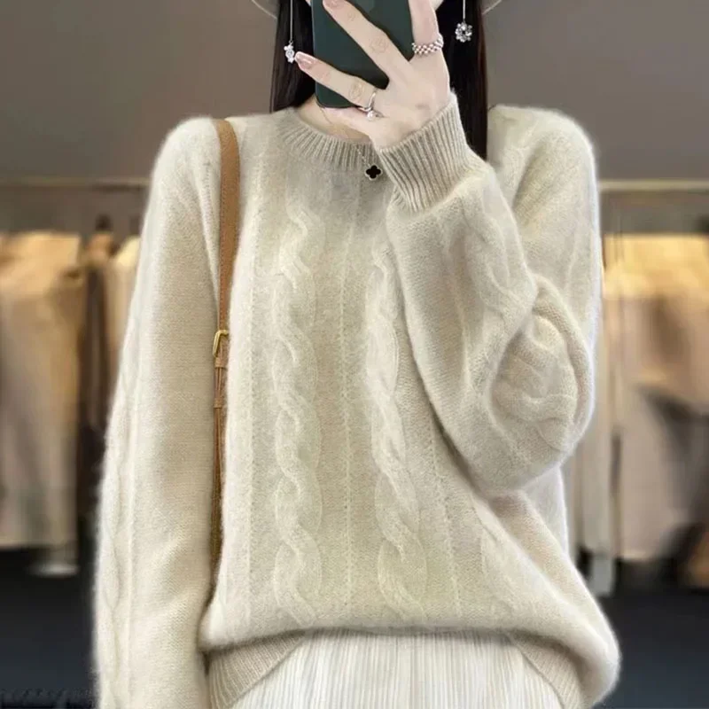 Fall/Winter Women\'s Sweater Pure Wool Round Neck Solid Color Loose Knitted Cashmere New Pullover Winter Clothes Women 2024