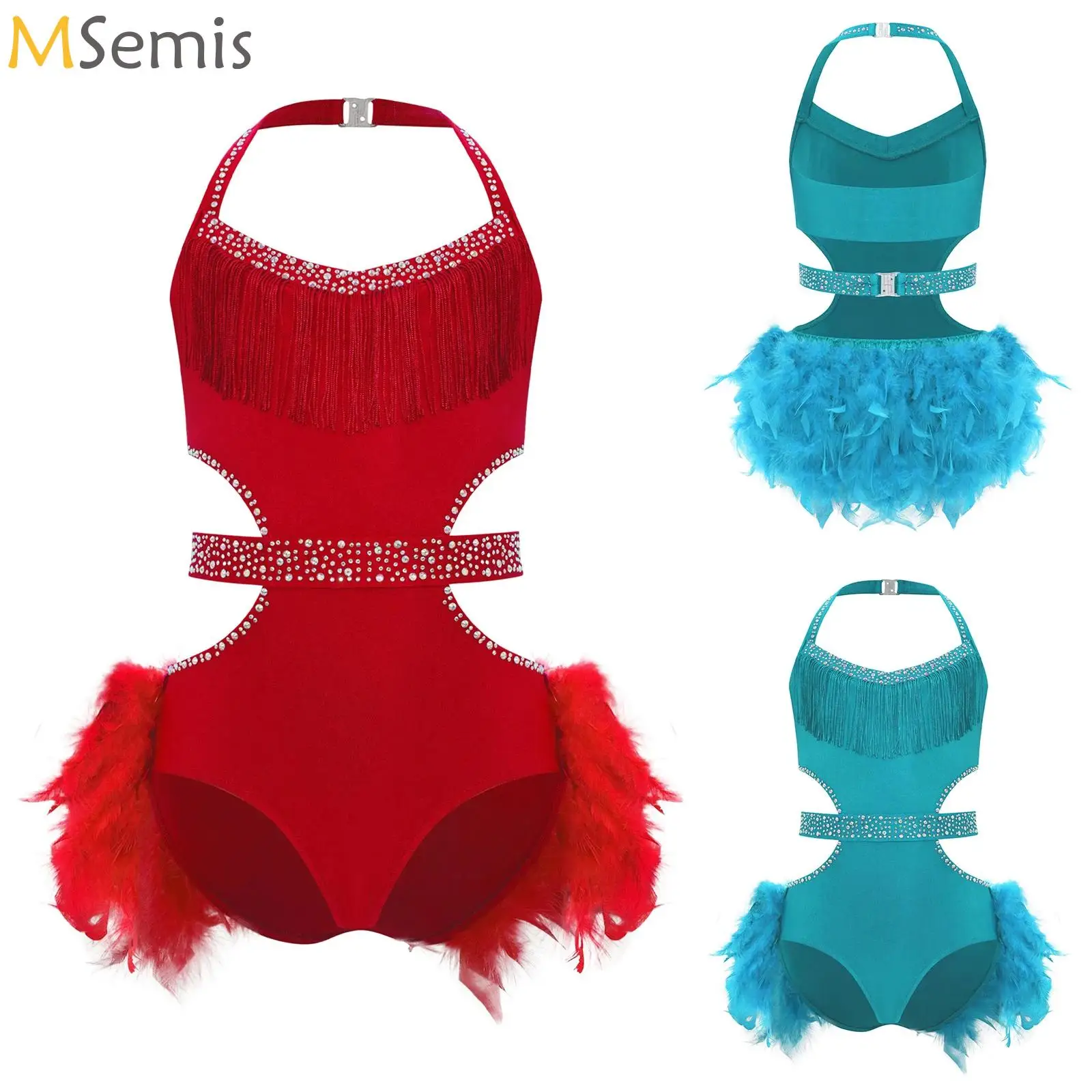 

New Feather Latin Dance Dress Girl Kids Sleeveless Cutout Leotard Dresses For Dancing Sparkly Ballet Skating Performance Costume