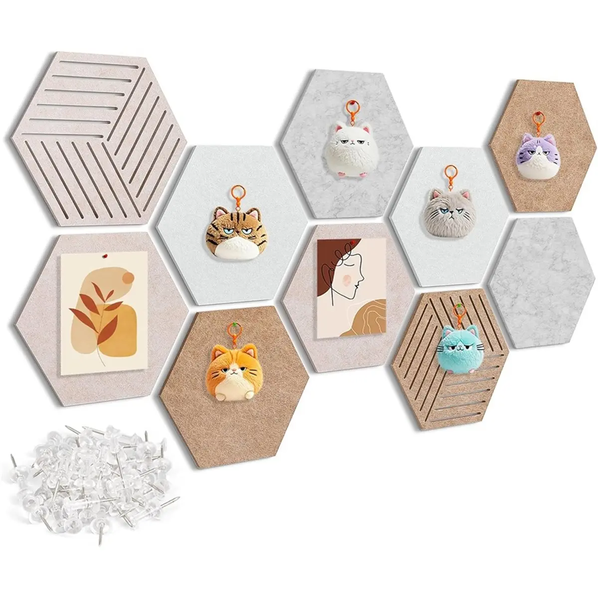 COFA Hexagon Cork-Bulletin Board Tiles 10 Pack 12'' X 10'' Adhesive Small Cork Board Hexagon for Wall Decor 30 Pins