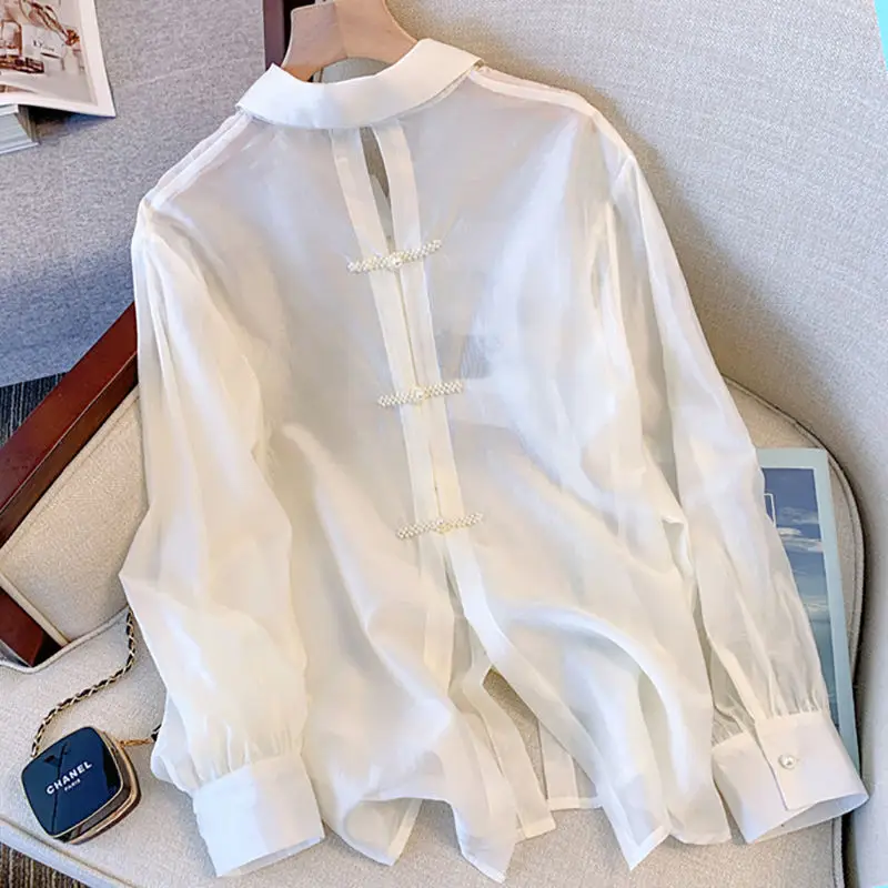 

Womens Tops Blouse Spring Summer New Stacked Back Split Pearl Button Shirt Loose Thin Long Sleeve Shirt Coat Jacket Womens Tops