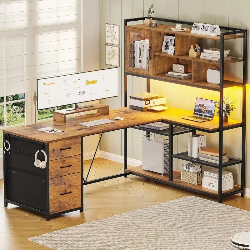 

L Shaped Computer Desk, with 3 Drawers and Bookshelf, L Shaped Corner Desk with Storage Shelves and LED Light , Rustic Brown