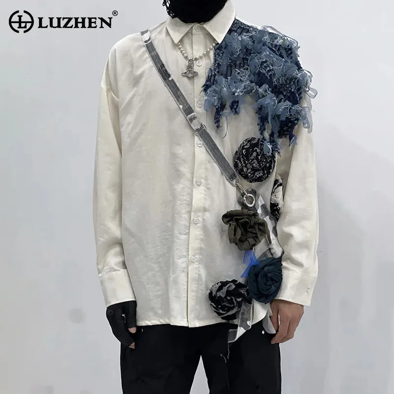 

LUZHEN Original Personalized Burr Patchwork Decorate Long Sleeve Shirts Men's 2025 Autumn Handsome Elegant Casual Clothes JY4195