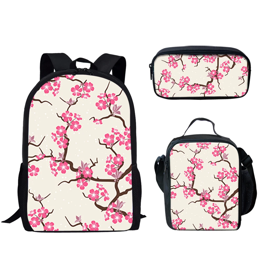 Japanese Cherry Blossom Print Student School Bag, Lightweight Campus Storage Backpack para Meninos e Meninas Adolescentes, Book Bag, 3pcs por conjunto