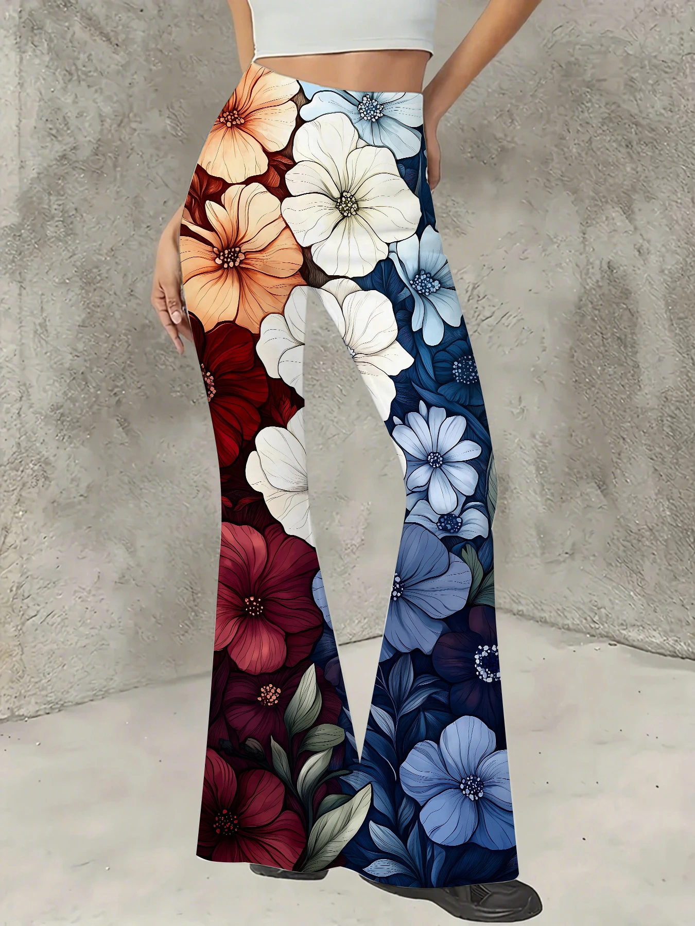 

Women's Print Flare Pants Casual High Waist Knit Bell Bottom Trousers Boho