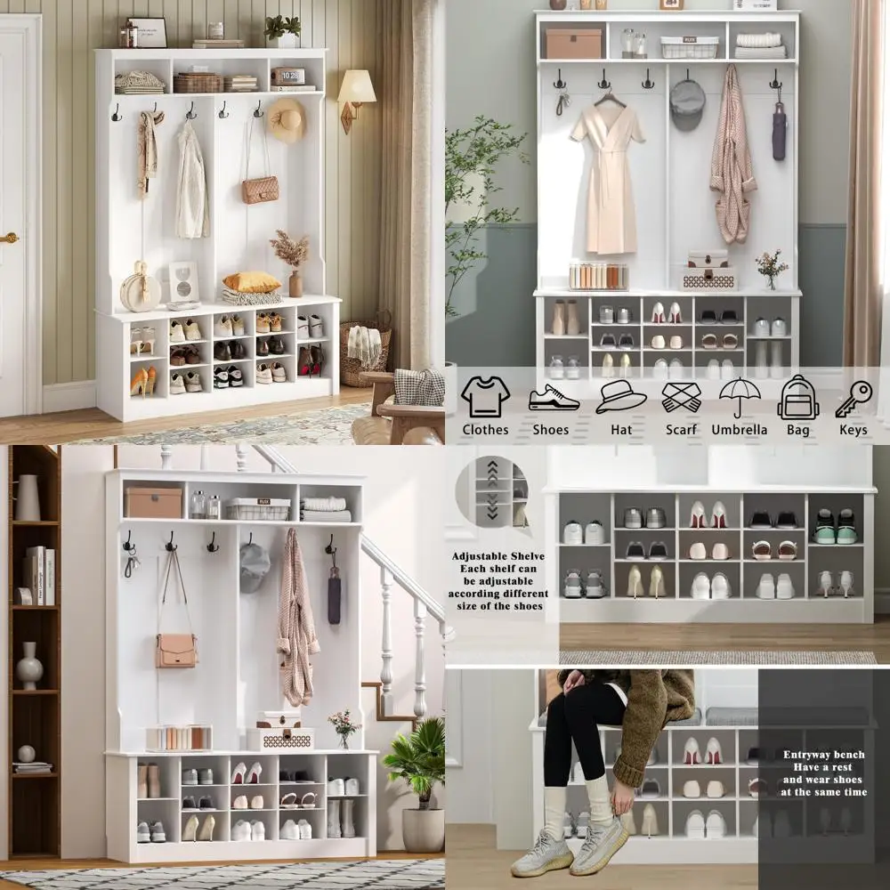 منظم غرفة الطين على طراز المزرعة مع مقعد، ورف معطف، و6 خطافات، و12 مكعب لتخزين الأحذية للمدخل