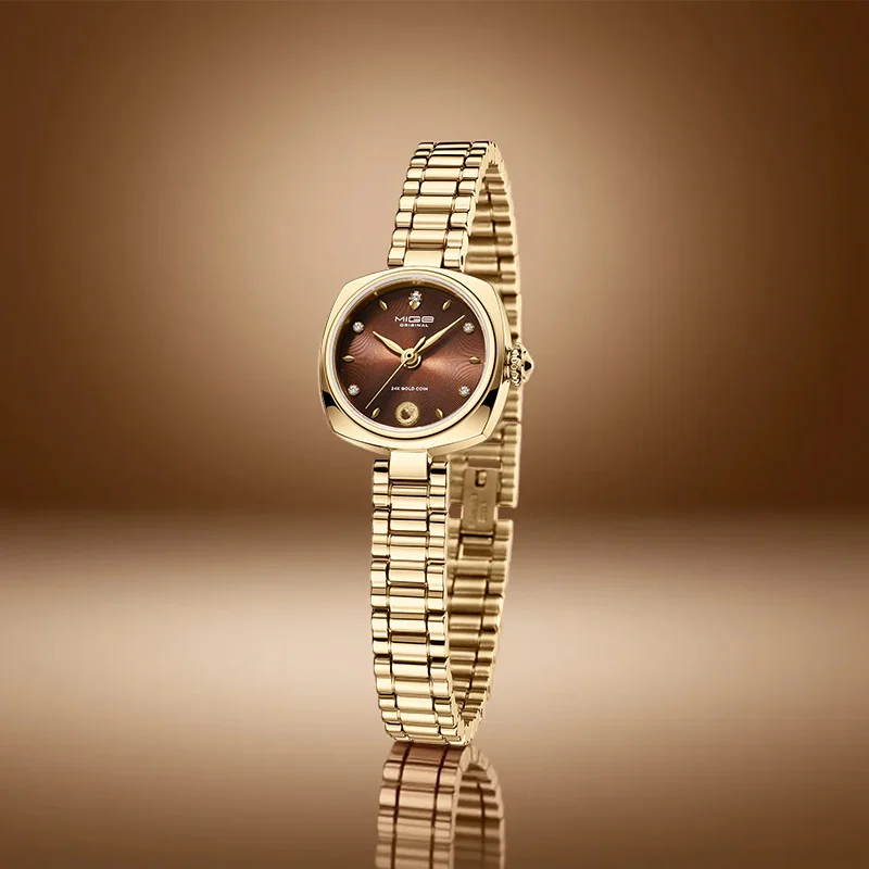 Luxury MIGE Ladies Watch Golden Metal Strap Brown Dial Rhinestone Waterproof Women Quartz Wrist Watch for Party
