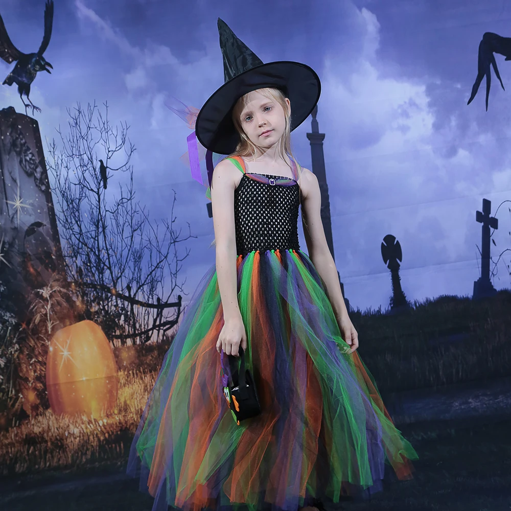 

Coloful Witch Costume for Kids Halloween Carnival Party Dresses Girls Tulle Tutu Dress Cosplay Costume Fancy Dress Up Ball Gown
