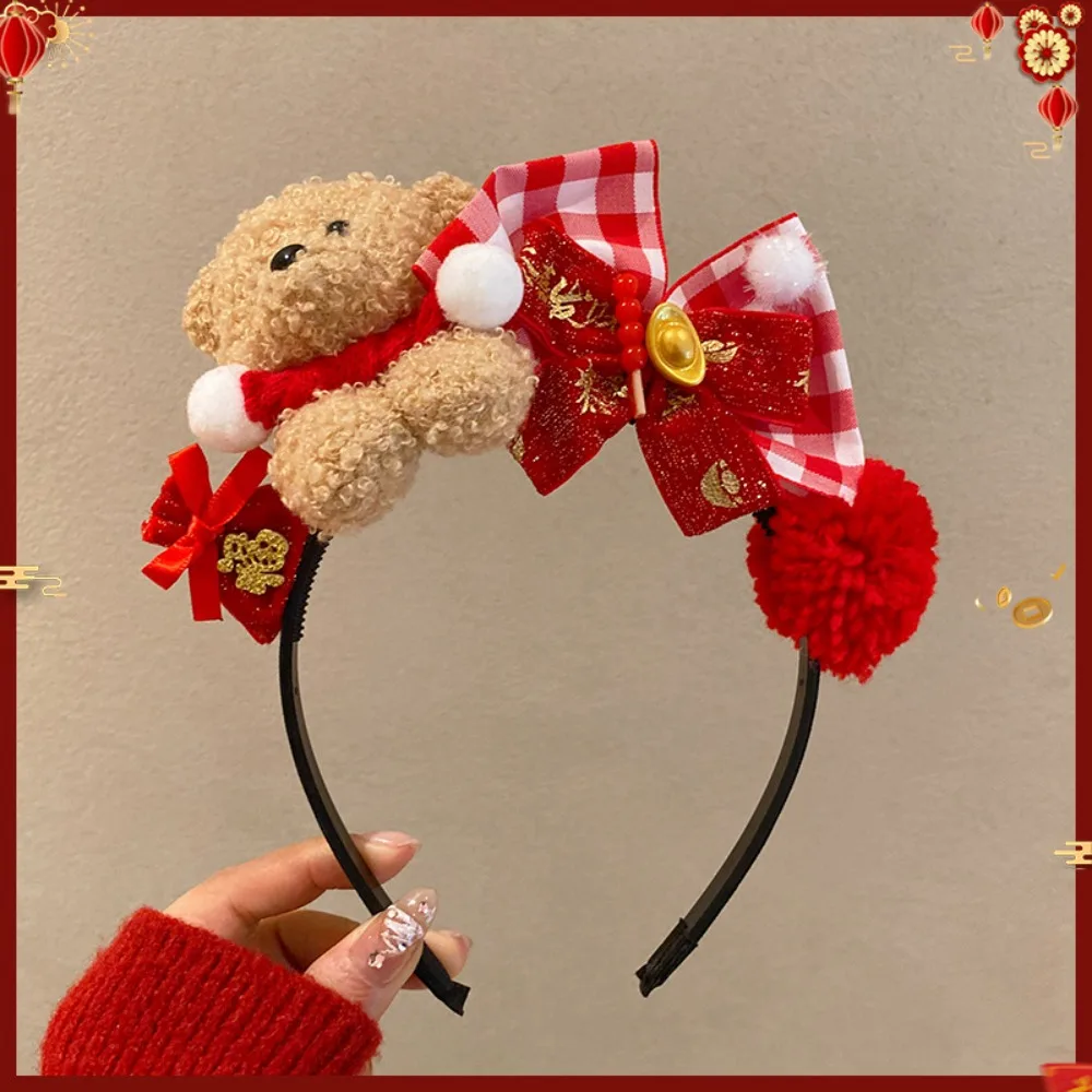 

Sweet Cartoon New Year Headband Red Little Bear Red Velvet Bow Hairband Good Luck Pony Hair Hoop New Year Headpiece