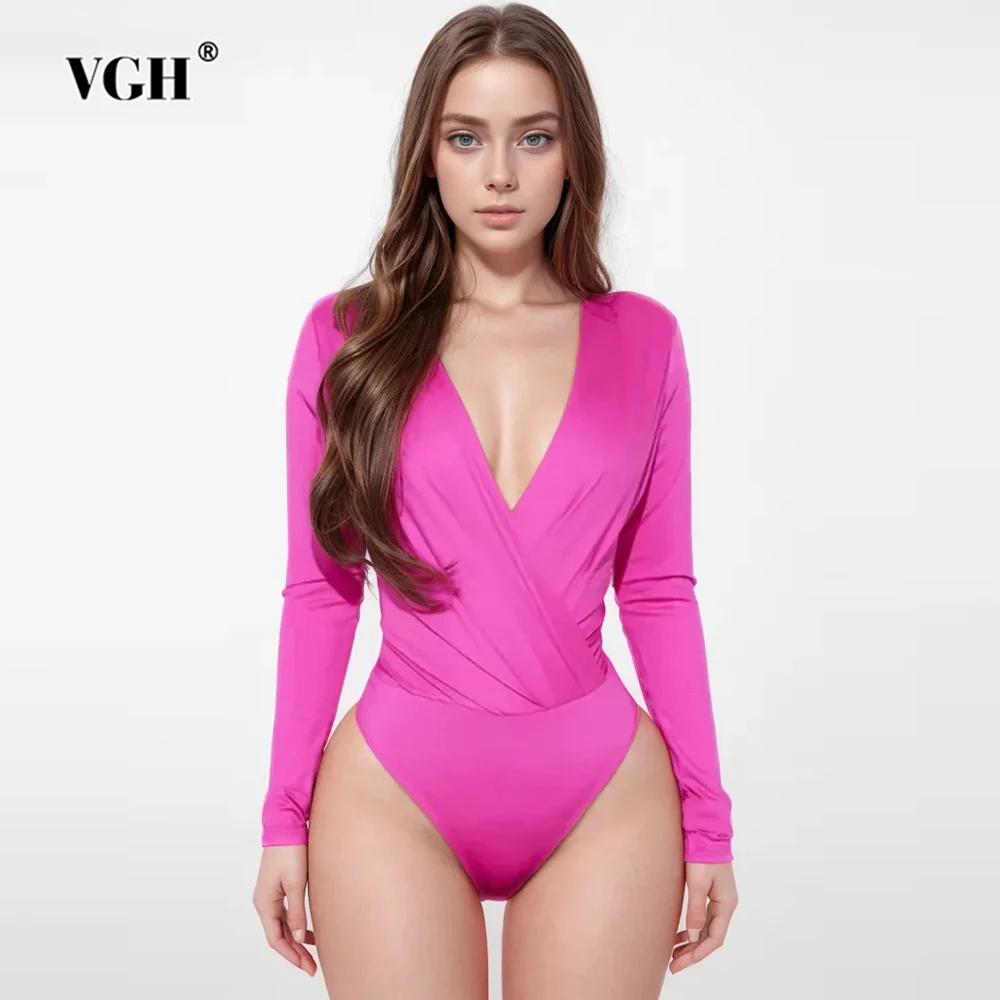 

VGH Solid Patchwork Folds Slimming Bodysuits For Women V Neck Long Sleeve Spliced Zipper Sexy Tunic Bodysuit Female Fashion New