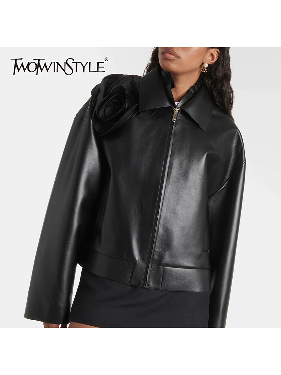 

TWOTWINSTYLE Solid Loose Spliced 3D Flower Temperament Jackets for Women Lapel Long Sleeves Minimalist Leather Jacket Female New