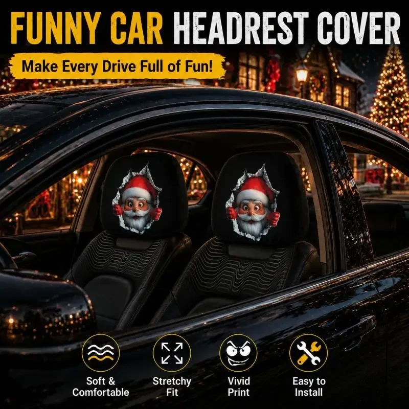 Christmas Santa Car Headrest Covers, Funny Double-Sided Printed Car Seat Headrest Covers, Universal Auto Interior Decor
