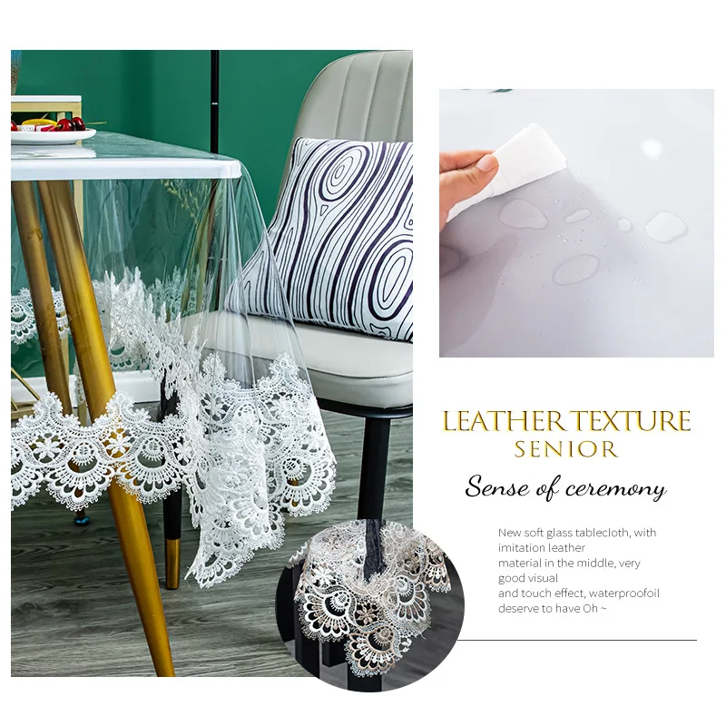 Thin Transparent PVC Tablecloth Waterproof Easy To Clean Dining Table Cloth Transparent PVC Montage Embroidered Lace Tablecloth