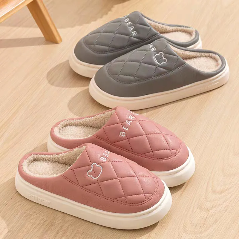 

Winter Women Slippers Fashion Non-slip Waterproof Platform Slides Men Warm Plush House Cotton Flats Couples Fluffy Slipper