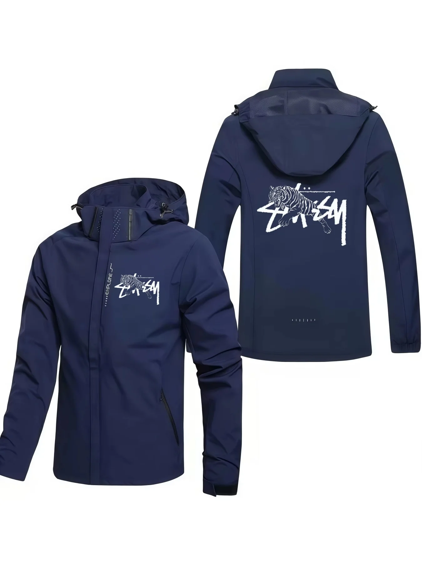 Powerful Tiger Embroidered Overcoat, Spring- Autumn Adjustable Hat Workwear Jacket, Outdoor Fitness Daily Zipper Coat
