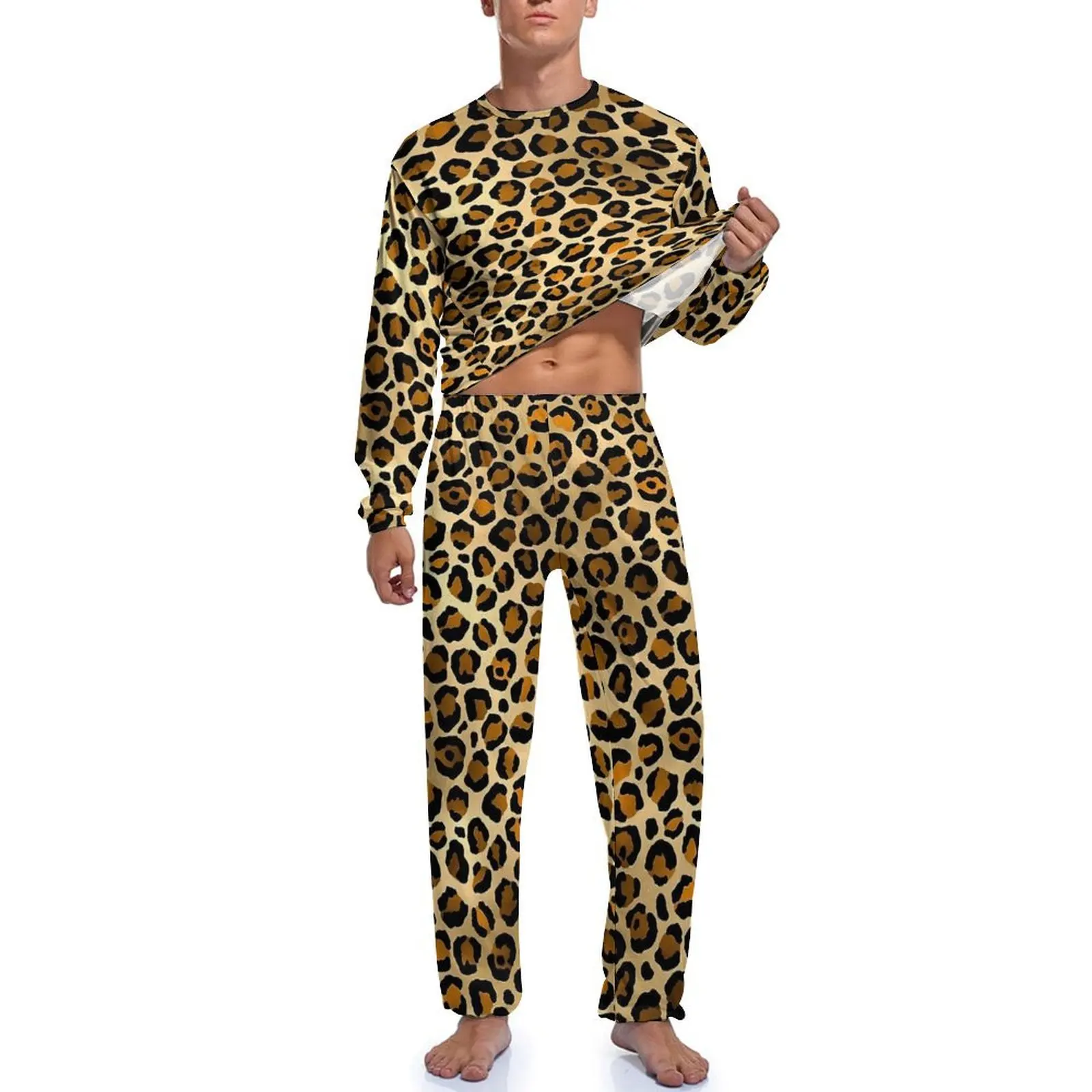 Orange Leopard Print Pajamas Spring  Casual Sleepwear Mens 2 Pieces Pattern Long Sleeve Fashion Pajama Sets