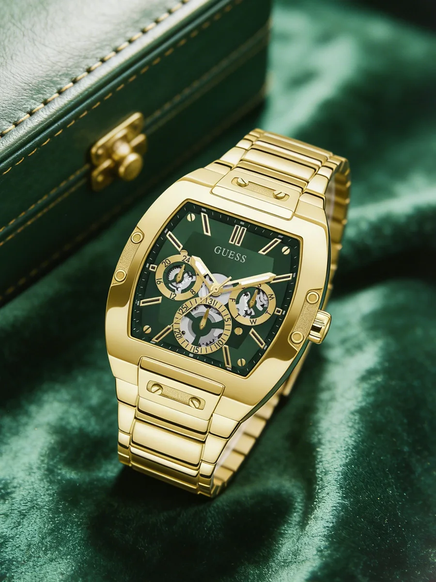 Reloj de Cuarzo para Hombre Guess, Tono Dorado, Acero Inoxidable, Cronógrafo, Esfera Verde, Forma Tonneau, Accesorio para Uso Diario y de Negocios, Regalo