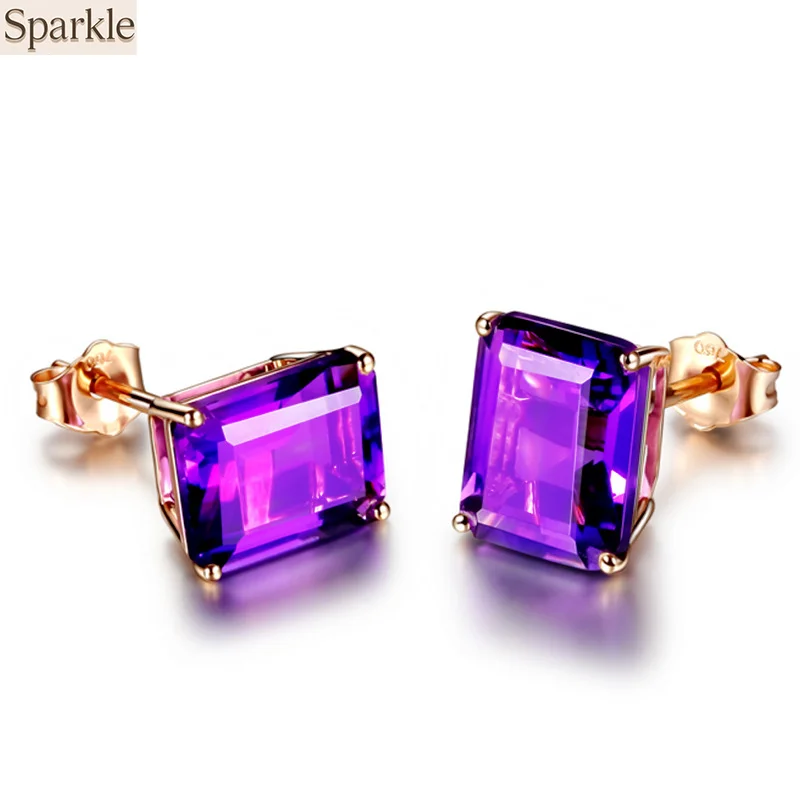 

Luxury Rectangle Amethyst Stud Earrings for Women 18K Rose Gold Plated Gemstone Earrings Exquisite Simulated Purple Crystal