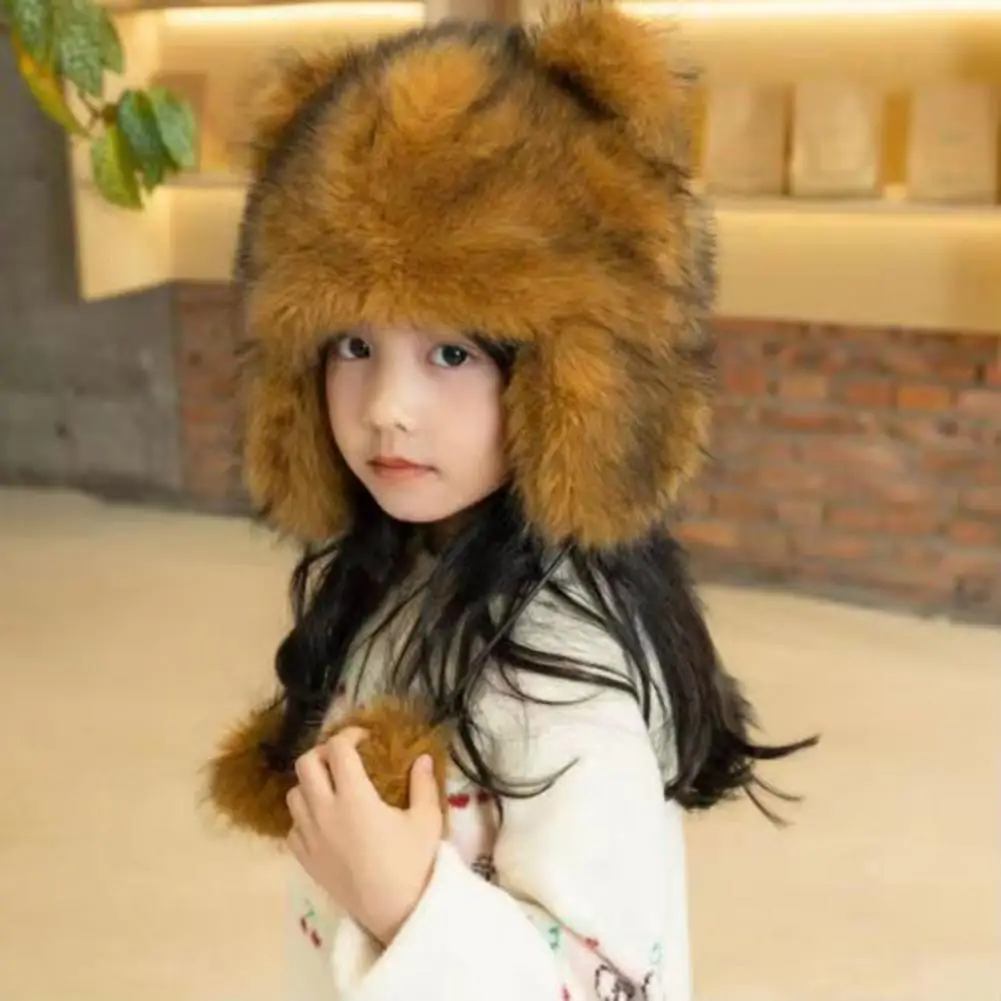 Children Winter Hat with Drawstring Plush Ball Faux Fur Outdoor Activities Cap Cartoon Racoon Elastic Unisex Pure Color Headwear