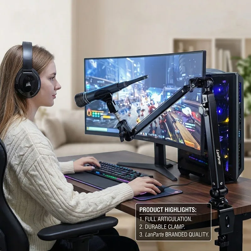 Mic Boom Arm Desk Mount, microphone stand Arm Profile 360°Swivel , Adjustable  Mic Arm with Detachable Rise Column for Streaming