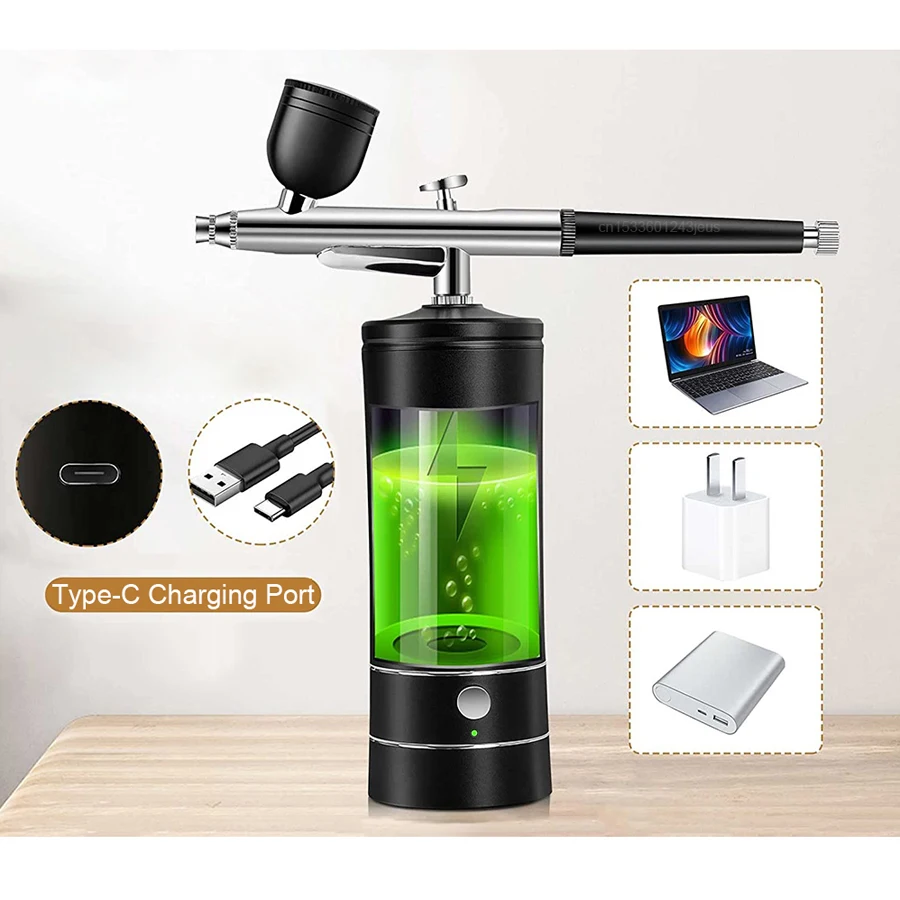 البخاخة اللاسلكية المحمولة القابلة لإعادة الشحن مع ضاغط مسدس رش عمل واحد للوجه الجمال مسمار الفن الوشم الحرفية كعكة الطلاء