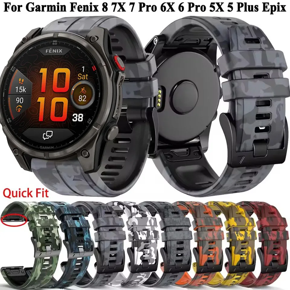 QuickFit 26/22mm Fenix 8Pro Band For Garmin Fenix E 8 47 51mm 7 7X 6 6X 5 5X/Epix/970 965 955 Camouflage Silicone Strap Bracelet