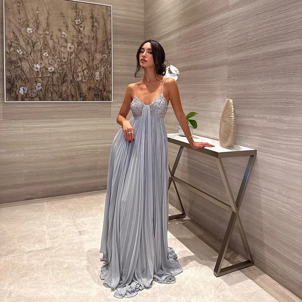 

Luxury Women Spaghetti Strap Evening Dress Fashion Crystal Applique Sleeveless Floor Length Prom Party Gown Vestidos De Gala