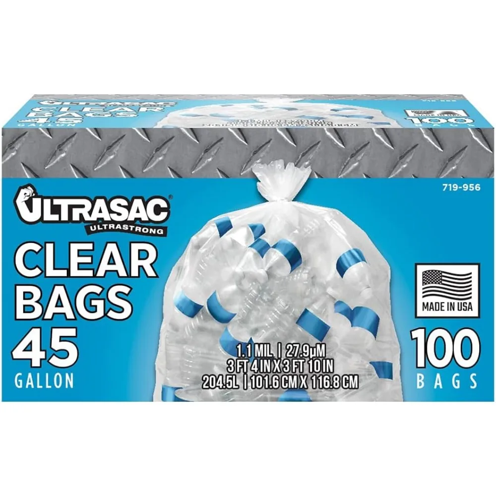 

45 Gallon Recycling Bag, 1.1 Mil Thick, 40x46 Inches Clear with Ties, Pack of 100
