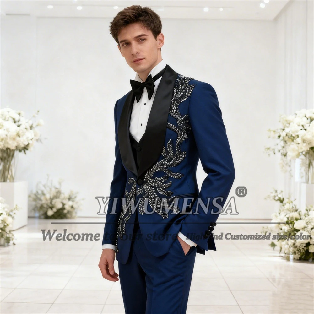 

Men's Glitter Crystal Beaded Wedding Suit 3 Pieces Sets Black Lapel Blazer Customized Groom Tuxedo With Pants Banquet Attire