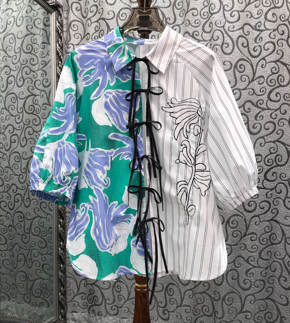

Top Quality New Shirts Blouse 2026 Summer Women Turn-down Collar Striped Print Sequined Embroidery Half Sleeve Vintage Shirts