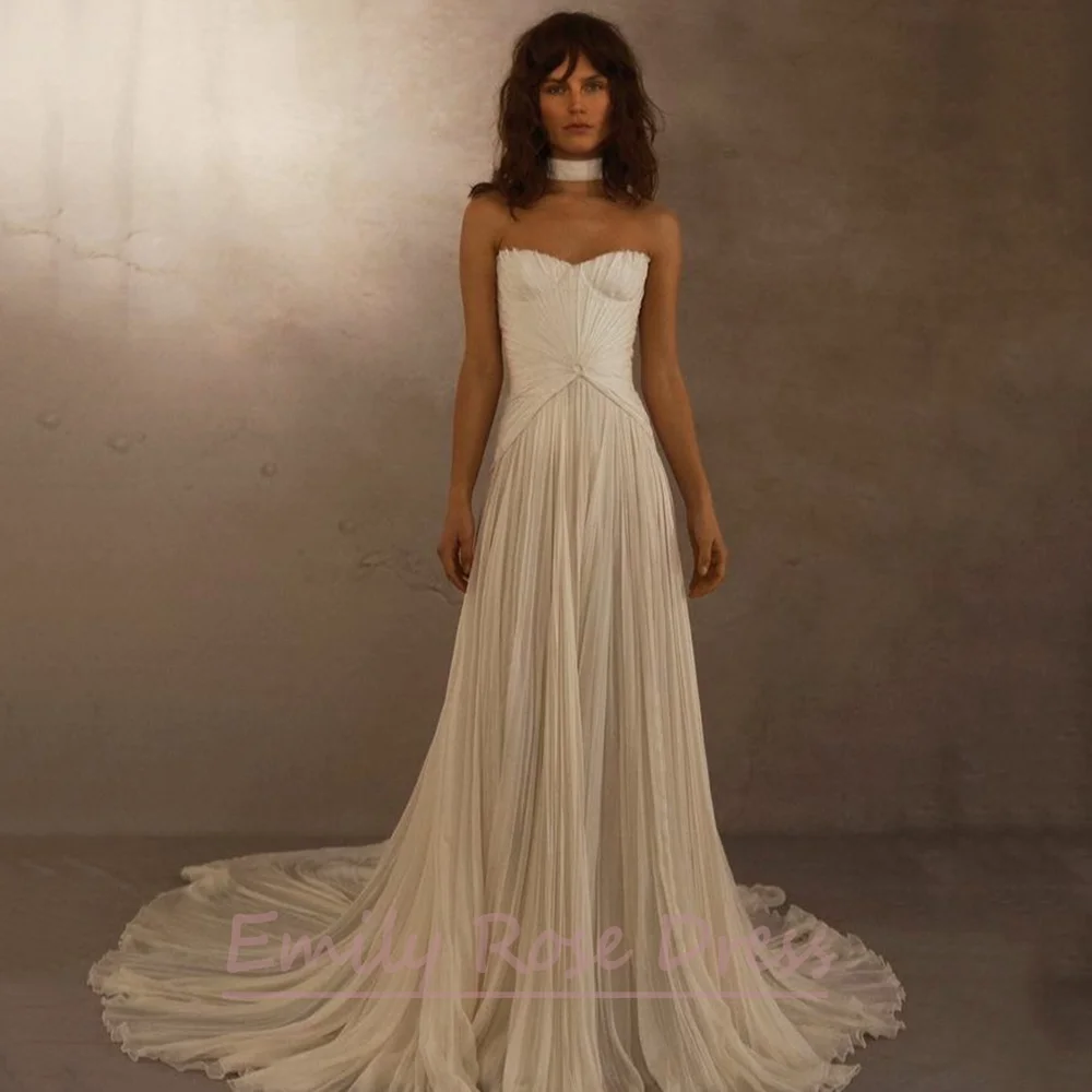 

Elegant Strapless Pleated Bridal Wedding Gown Formal Sleeveless A Line Evening Prom Party Dress for Women Customizable Size