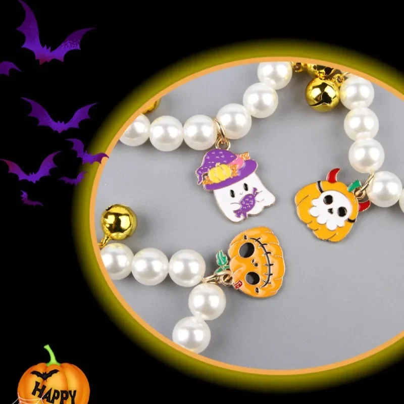 Pet Pearl Necklace Decoration Halloween Cat Collar Puppy Dog Bell Neck Accessories- Suitable for Small Dogs and Cats