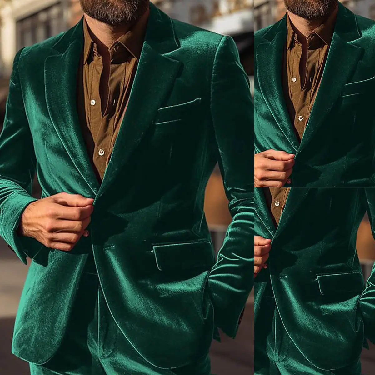 

Green Velvet Men Wedding Tuxedos Tailored Smart Two Button Birthday Party Prom Groom Formal Wear 2 Pieces