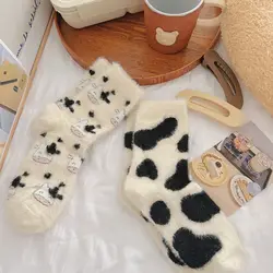 Autumn Winter Padded Socks Cow Pattern Plush Socks Spotted Plush Thickened Soft Cute Comfortable Mid-calf Socks Warm