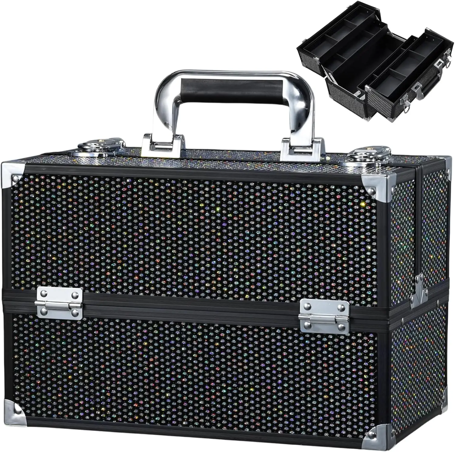 

12.6 Inch Large Makeup Train Case with 4 Trays, Lock & Adjustable Compartments for Cosmetics Storage Organizer