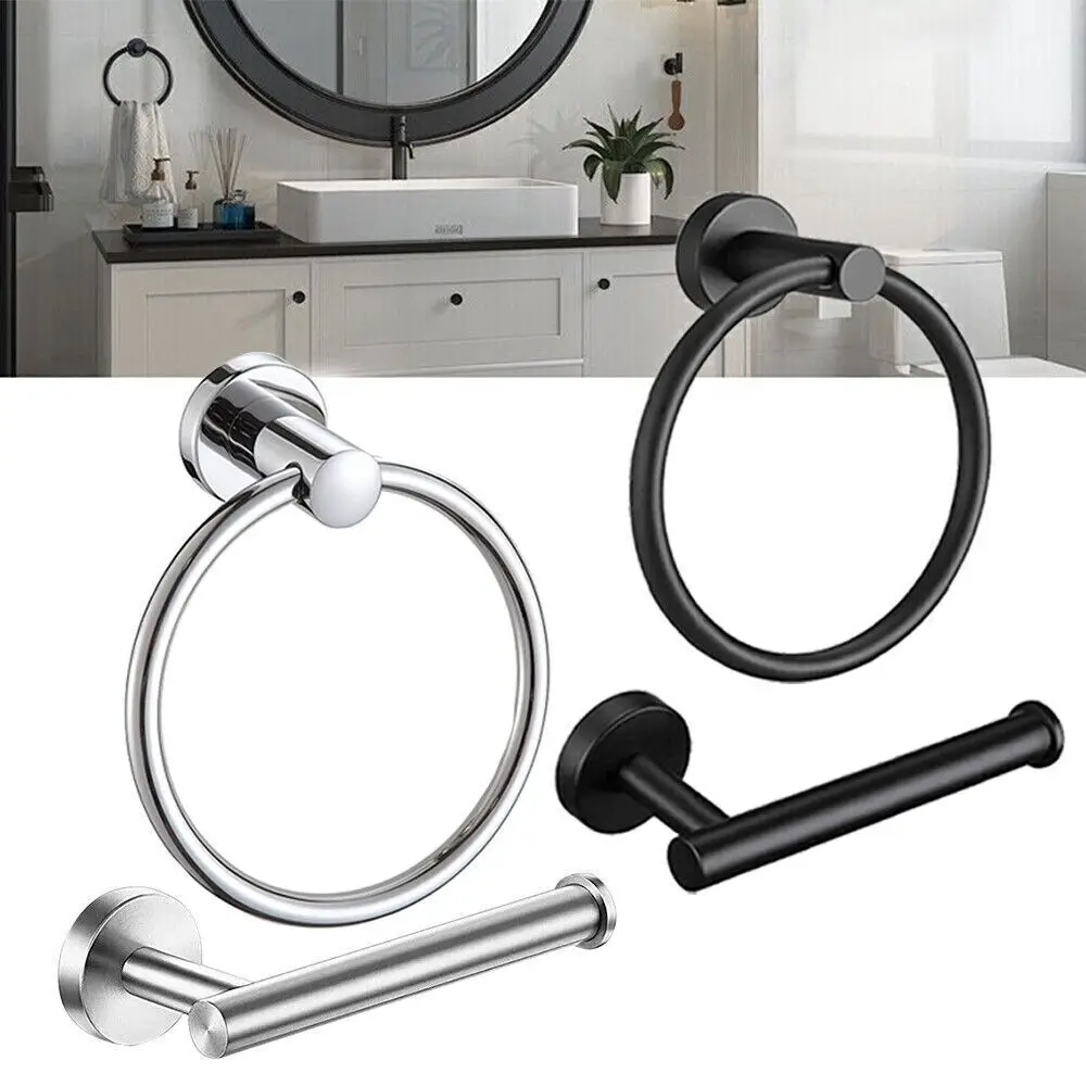 Stainless Steel Toilet Roll Holder And Towel Ring Set Bathroom Wall Mounted UK