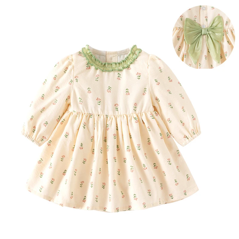 

2024 Spring Autumn Baby Girls Dress Cotton Floral Printetd Ruched Lace Infant Girls Dress Knotbow Sweet Toddler Girl Drress