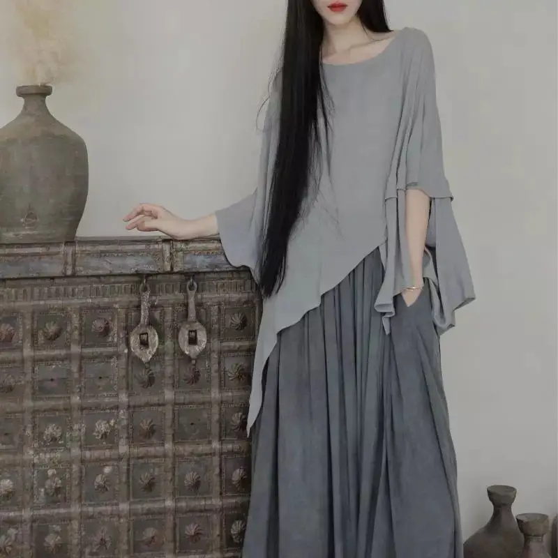 

Sun Protection Batwing Sleeve Cotton Linen Uneven Hem Top with Skirt Cover up Children's Fashionable Summer Clothing