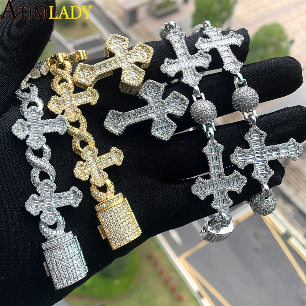 New Iced Out Ball Infinity Cross Necklace for Men Women Bling Cubic Zirconia Cuban Chain Cross Ring Bracelet Hip Hop Jewelry Set