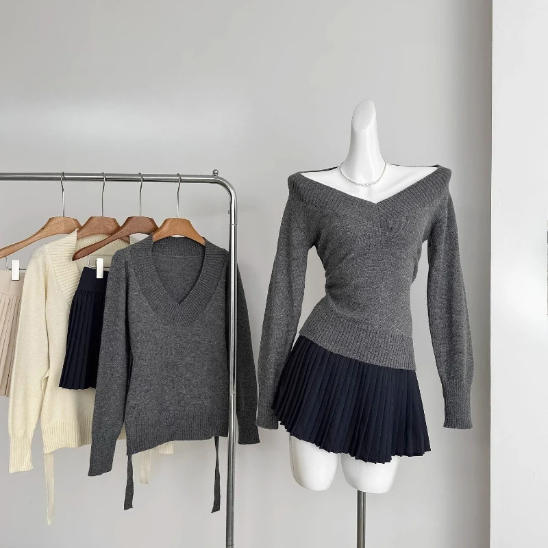 

Gyaru Coquette V-neck French Vintage Sweater Long Sleeve Pullovers Knitwears Autumn Winter Woman 2000s Aesthetic Old Money