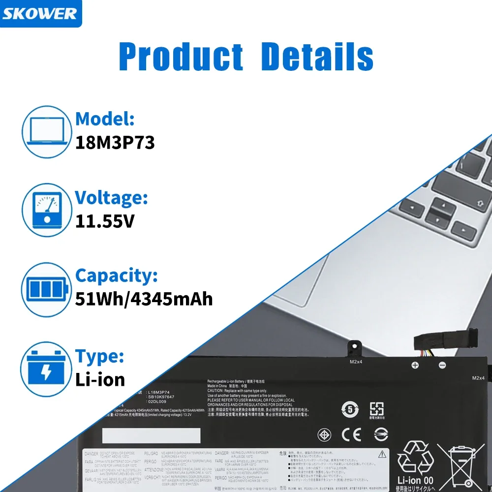 SKOWER 51Wh L18M3P73 Battery for Lenovo ThinkPad T495 T490 P43S P14S Gen 1st T14 Gen 2nd 02DL007 L18C3P72 L18M3P74 L18L3P73