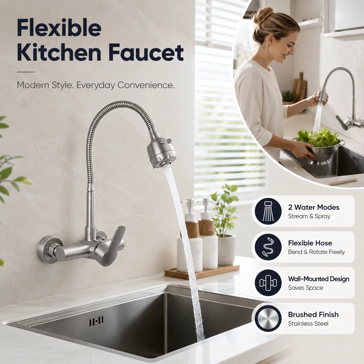 Wall Mounted Flexible Kitchen Faucet, Hot and Cold Mixer Tap with 2 Spray Modes, Bendable Gooseneck Stainless Steel Sink Tap