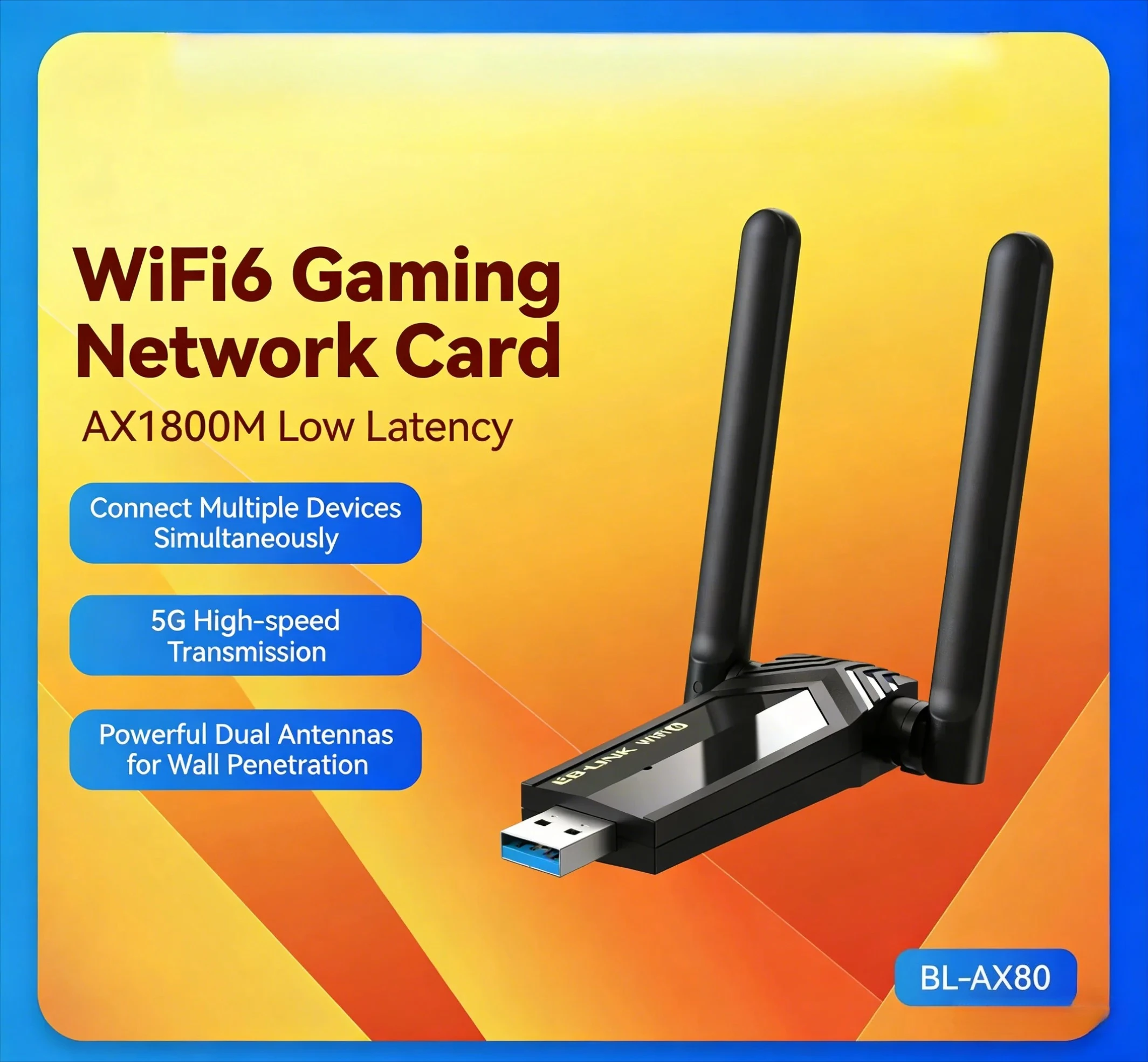 AX80 WiFi 6 Wireless Network Card 1800M Gigabit Dual Band 2.4G/5G Driver-Free USB WiFi Adapter for Desktop Laptop PC