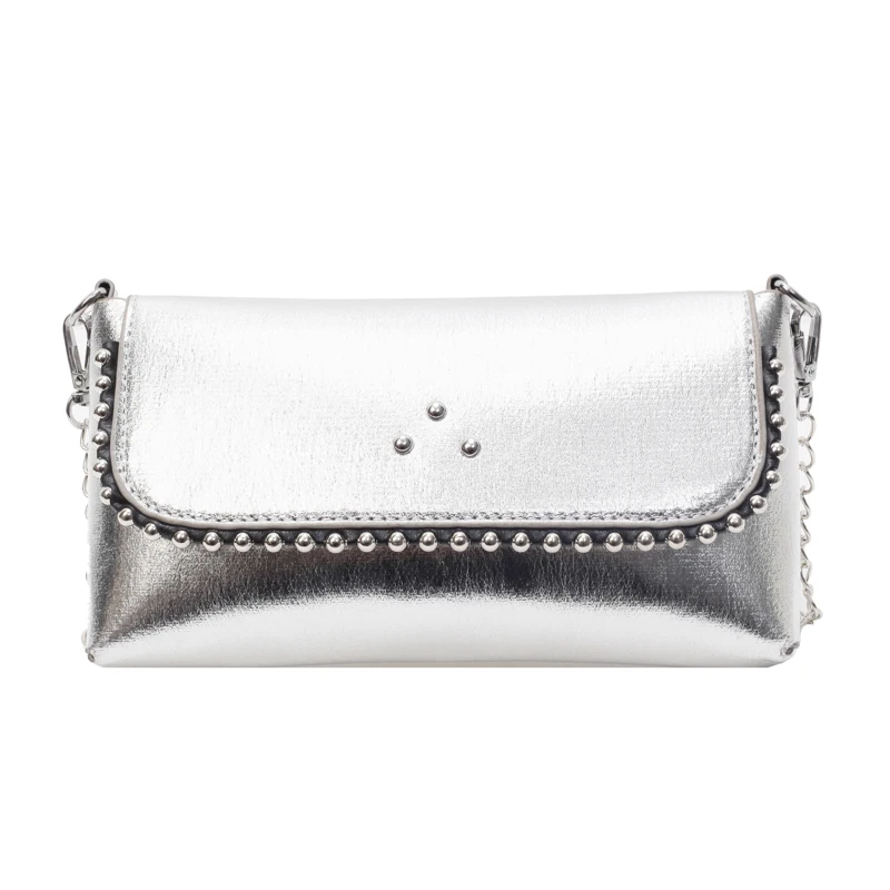 Female Leather Small Messenger Bag Locomotive Girls Chain Sling Phone Shoulder Crossbody Bag Women Silver Rivet Daily Handbag