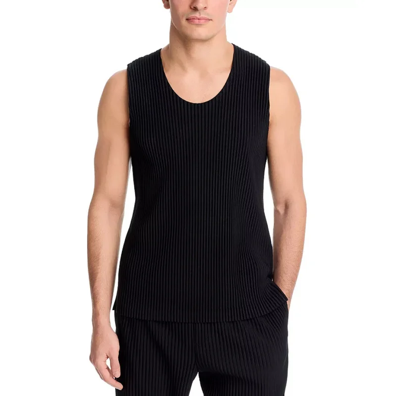 Miyake Pleated Men's Sleeveless Vest Plisse Tank Top Oversized Loose Fit Japanese Streetwear Casual Summer Fashion Top