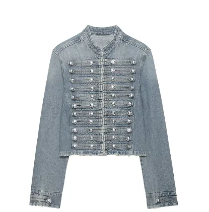 NLZGMSJ Vrouwen Casual Denim Jas 2026 Lente Lange Mouw Single Breasted Stand Kraag Korte Jas Vrouwelijke Crop Top Y2K