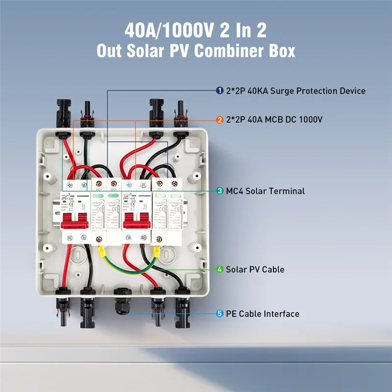 صندوق تجميع بالطاقة الشمسية ABDJ مع حماية متعددة الطبقات، حماية من زيادة التيار الكهروضوئي 2 مدخل 2 خارج DC40A مفتاح عازل، IP65 مقاوم للماء