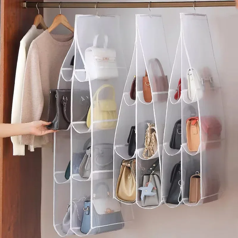 6/8 Pockets Double Sided Handbag Organizer Hanging Dust-proof Handbag Storage Bag Space-saving Wardrobe Closet Organizer